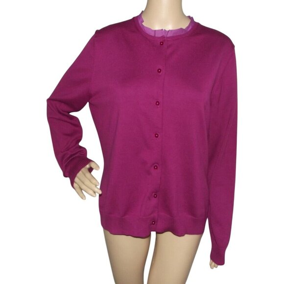 Lands End Cardigan Sweater Womens Medium 10-12 Button Raspberry Fuchsia Pink - Picture 1 of 11